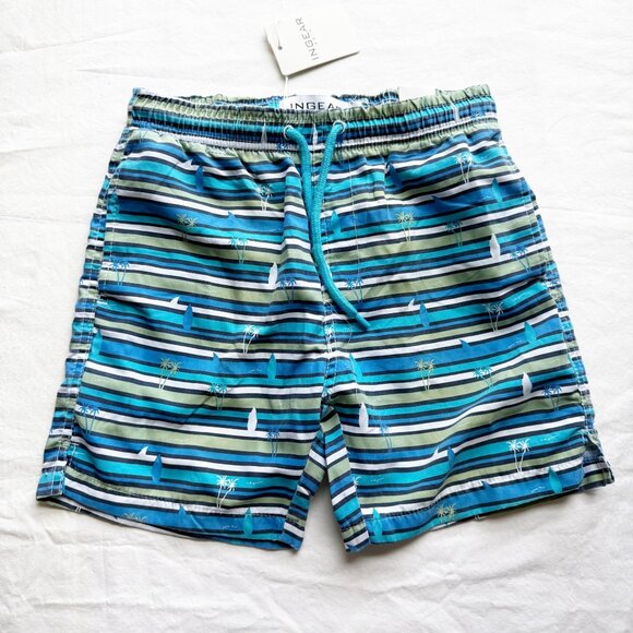 NWT Ingear Boys Striped Swim Trunks With Drawstring Size 8/10 Green & Blue - Picture 1 of 5